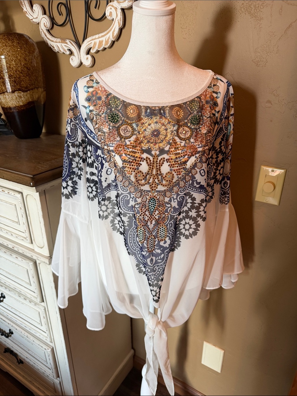 VENUS White Boho Tie-Front Chiffon Tunic with Multicolor Medallion Print